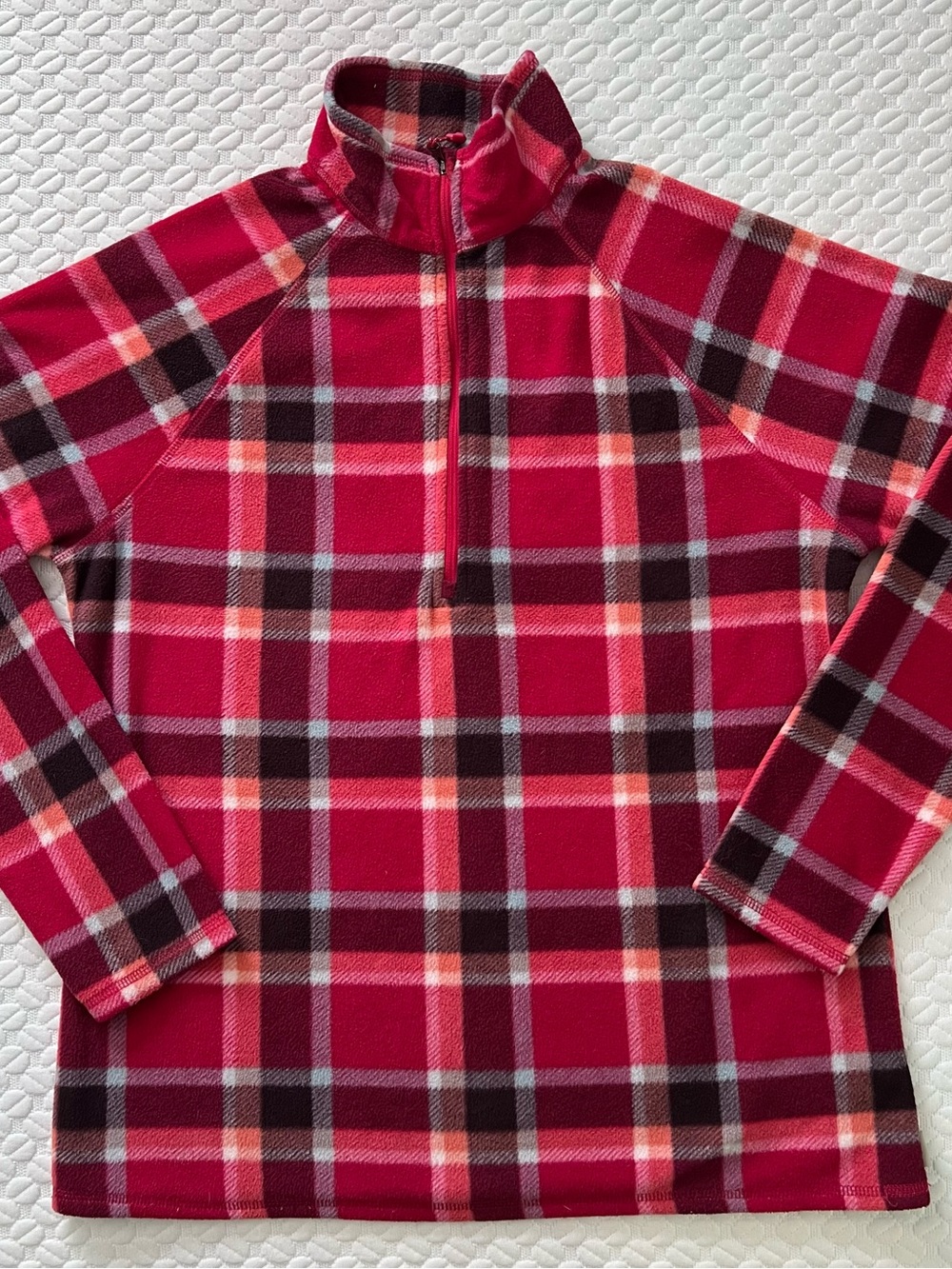 EDDIE BAUER Pink Plaid Quarter Zip Fleece Top Size L Outdoors Rugged Women’s